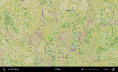 Aziz Albans. Birleşik Krallık 'ın bir OpenStreetMap İnsani Biçim haritasında özetlenmiş idari alanı