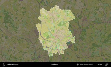 Aziz Albans. Birleşik Krallık 'ın idari alanı karanlık bir OpenStreetMap İnsani Haritası biçiminde vurgulanmış ve özetlenmiştir