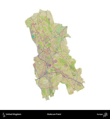 Stoke-on-Trent. Birleşik Krallık 'ın idari alanı bir OpenStreetMap İnsani Harita stili haritasında beyaza izole edildi