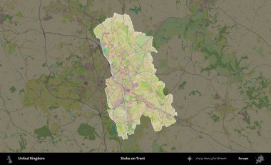 Stoke-on-Trent. Birleşik Krallık 'ın idari alanı karanlık bir OpenStreetMap İnsani Haritası biçiminde vurgulanmış ve özetlenmiştir
