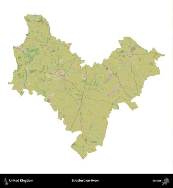 Stratford-on-Avon. Birleşik Krallık 'ın idari alanı bir OpenStreetMap İnsani Harita stili haritasında beyaza izole edildi