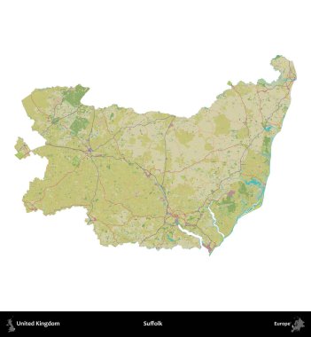 Suffolk. Birleşik Krallık 'ın idari alanı bir OpenStreetMap İnsani Harita stili haritasında beyaza izole edildi