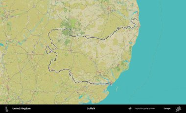 Suffolk. Birleşik Krallık 'ın bir OpenStreetMap İnsani Biçim haritasında özetlenmiş idari alanı