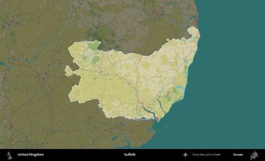 Suffolk. Birleşik Krallık 'ın idari alanı karanlık bir OpenStreetMap İnsani Haritası biçiminde vurgulanmış ve özetlenmiştir