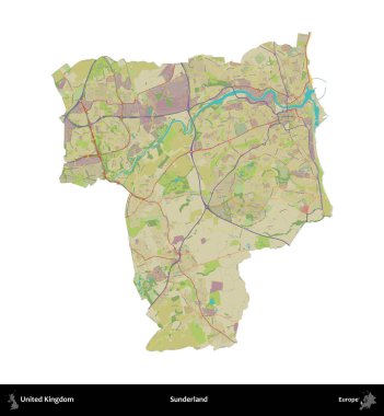Sunderland 'de. Birleşik Krallık 'ın idari alanı bir OpenStreetMap İnsani Harita stili haritasında beyaza izole edildi