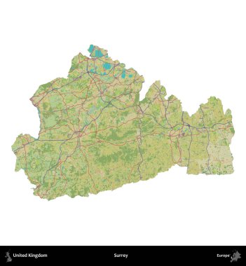 Surrey. Birleşik Krallık 'ın idari alanı bir OpenStreetMap İnsani Harita stili haritasında beyaza izole edildi