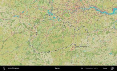 Surrey. Birleşik Krallık 'ın bir OpenStreetMap İnsani Biçim haritasında özetlenmiş idari alanı