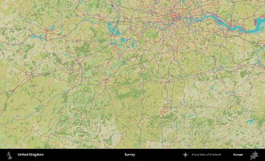 Surrey. Birleşik Krallık 'ın idari alanı bir OpenStreetMap İnsani Biçim haritası üzerinde
