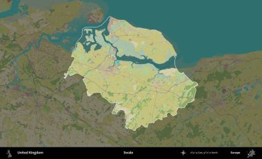 Swale. Birleşik Krallık 'ın idari alanı karanlık bir OpenStreetMap İnsani Haritası biçiminde vurgulanmış ve özetlenmiştir