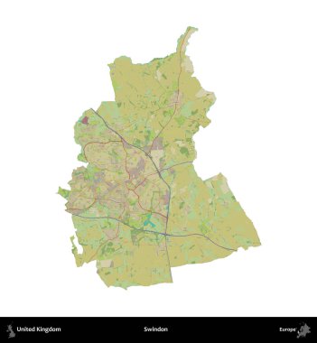 Swindon. Birleşik Krallık 'ın idari alanı bir OpenStreetMap İnsani Harita stili haritasında beyaza izole edildi