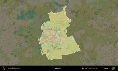 Swindon. Birleşik Krallık 'ın idari alanı karanlık bir OpenStreetMap İnsani Haritası biçiminde vurgulanmış ve özetlenmiştir