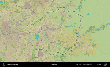 Tameside 'da. Birleşik Krallık 'ın bir OpenStreetMap İnsani Biçim haritasında özetlenmiş idari alanı