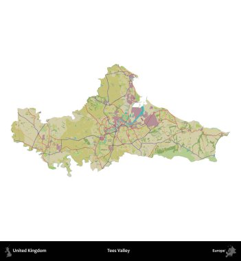Tees Valley 'de. Birleşik Krallık 'ın idari alanı bir OpenStreetMap İnsani Harita stili haritasında beyaza izole edildi