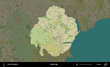 Teignbridge 'de. Birleşik Krallık 'ın idari alanı karanlık bir OpenStreetMap İnsani Haritası biçiminde vurgulanmış ve özetlenmiştir