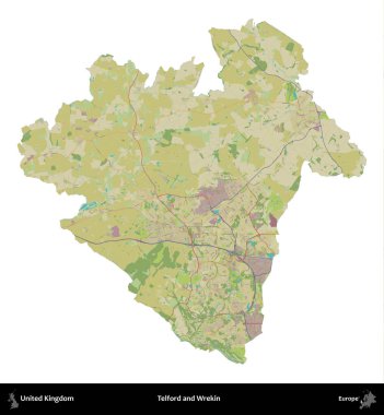 Telford ve Wrekin. Birleşik Krallık 'ın idari alanı bir OpenStreetMap İnsani Harita stili haritasında beyaza izole edildi