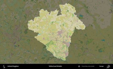 Telford ve Wrekin. Birleşik Krallık 'ın idari alanı karanlık bir OpenStreetMap İnsani Haritası biçiminde vurgulanmış ve özetlenmiştir