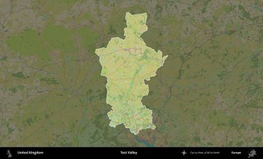 Test vadisi. Birleşik Krallık 'ın idari alanı karanlık bir OpenStreetMap İnsani Haritası biçiminde vurgulanmış ve özetlenmiştir