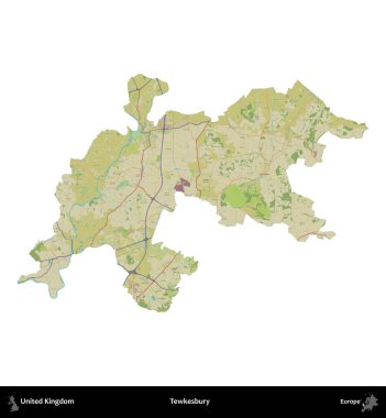 Tewkesbury 'de. Birleşik Krallık 'ın idari alanı bir OpenStreetMap İnsani Harita stili haritasında beyaza izole edildi