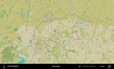 Tewkesbury 'de. Birleşik Krallık 'ın bir OpenStreetMap İnsani Biçim haritasında özetlenmiş idari alanı