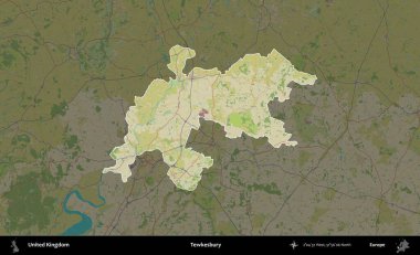 Tewkesbury 'de. Birleşik Krallık 'ın idari alanı karanlık bir OpenStreetMap İnsani Haritası biçiminde vurgulanmış ve özetlenmiştir