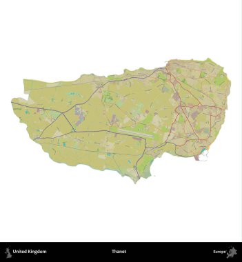 Thanet. Birleşik Krallık 'ın idari alanı bir OpenStreetMap İnsani Harita stili haritasında beyaza izole edildi