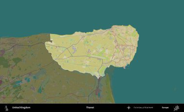 Thanet. Birleşik Krallık 'ın idari alanı karanlık bir OpenStreetMap İnsani Haritası biçiminde vurgulanmış ve özetlenmiştir