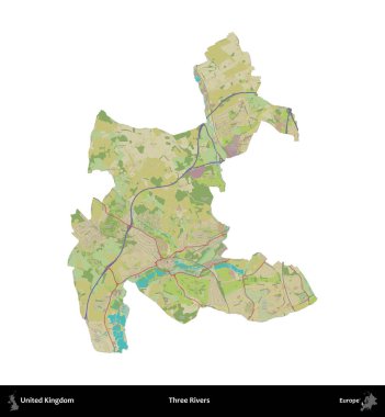 Üç Nehir. Birleşik Krallık 'ın idari alanı bir OpenStreetMap İnsani Harita stili haritasında beyaza izole edildi