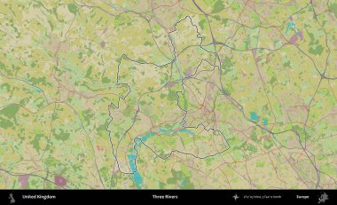 Üç Nehir. Birleşik Krallık 'ın bir OpenStreetMap İnsani Biçim haritasında özetlenmiş idari alanı