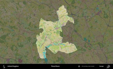 Üç Nehir. Birleşik Krallık 'ın idari alanı karanlık bir OpenStreetMap İnsani Haritası biçiminde vurgulanmış ve özetlenmiştir