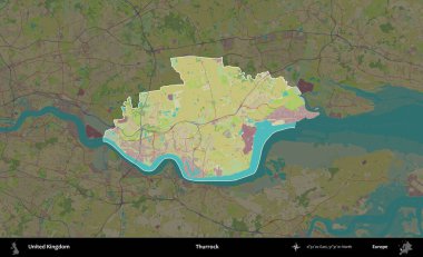 Thurrock. Birleşik Krallık 'ın idari alanı karanlık bir OpenStreetMap İnsani Haritası biçiminde vurgulanmış ve özetlenmiştir