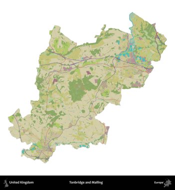 Tonbridge ve Malling. Birleşik Krallık 'ın idari alanı bir OpenStreetMap İnsani Harita stili haritasında beyaza izole edildi
