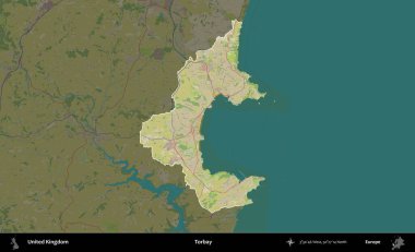 Torbay. Birleşik Krallık 'ın idari alanı karanlık bir OpenStreetMap İnsani Haritası biçiminde vurgulanmış ve özetlenmiştir