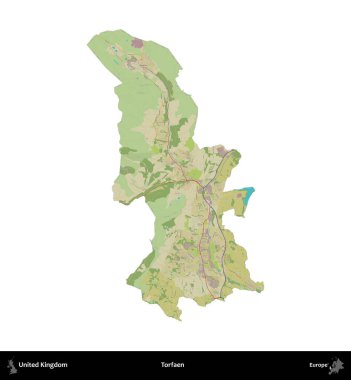 Torfaen. Birleşik Krallık 'ın idari alanı bir OpenStreetMap İnsani Harita stili haritasında beyaza izole edildi