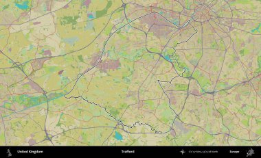Trafford 'da. Birleşik Krallık 'ın bir OpenStreetMap İnsani Biçim haritasında özetlenmiş idari alanı
