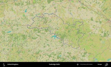 Tunbridge Wells 'de. Birleşik Krallık 'ın bir OpenStreetMap İnsani Biçim haritasında özetlenmiş idari alanı