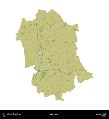 Uttlesford 'da. Birleşik Krallık 'ın idari alanı bir OpenStreetMap İnsani Harita stili haritasında beyaza izole edildi