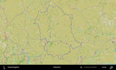 Uttlesford 'da. Birleşik Krallık 'ın bir OpenStreetMap İnsani Biçim haritasında özetlenmiş idari alanı