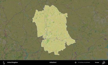Uttlesford 'da. Birleşik Krallık 'ın idari alanı karanlık bir OpenStreetMap İnsani Haritası biçiminde vurgulanmış ve özetlenmiştir