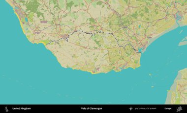 Glamorgan Vadisi. Birleşik Krallık 'ın bir OpenStreetMap İnsani Biçim haritasında özetlenmiş idari alanı