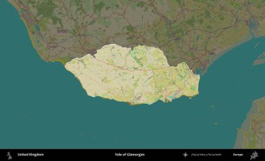 Glamorgan Vadisi. Birleşik Krallık 'ın idari alanı karanlık bir OpenStreetMap İnsani Haritası biçiminde vurgulanmış ve özetlenmiştir