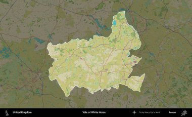 Beyaz At Vadisi. Birleşik Krallık 'ın idari alanı karanlık bir OpenStreetMap İnsani Haritası biçiminde vurgulanmış ve özetlenmiştir