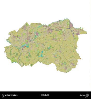 Wakefield 'da. Birleşik Krallık 'ın idari alanı bir OpenStreetMap İnsani Harita stili haritasında beyaza izole edildi