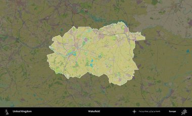 Wakefield 'da. Birleşik Krallık 'ın idari alanı karanlık bir OpenStreetMap İnsani Haritası biçiminde vurgulanmış ve özetlenmiştir