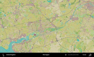 Warrington. Birleşik Krallık 'ın idari alanı bir OpenStreetMap İnsani Biçim haritası üzerinde