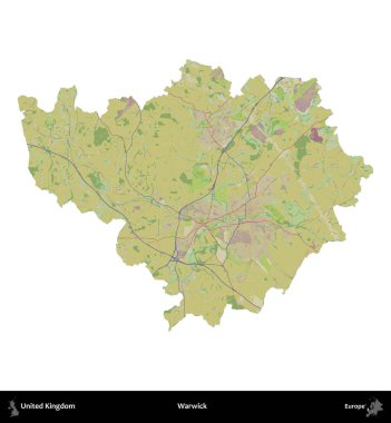 Warwick. Birleşik Krallık 'ın idari alanı bir OpenStreetMap İnsani Harita stili haritasında beyaza izole edildi