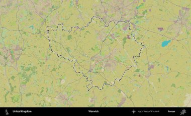 Warwick. Birleşik Krallık 'ın bir OpenStreetMap İnsani Biçim haritasında özetlenmiş idari alanı