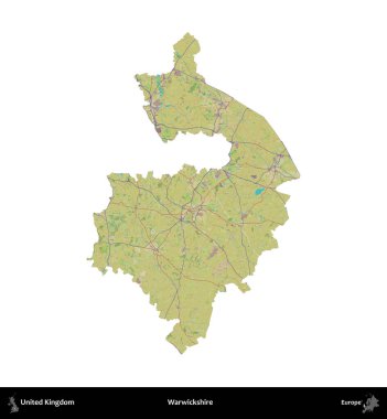 Warwickshire 'da. Birleşik Krallık 'ın idari alanı bir OpenStreetMap İnsani Harita stili haritasında beyaza izole edildi