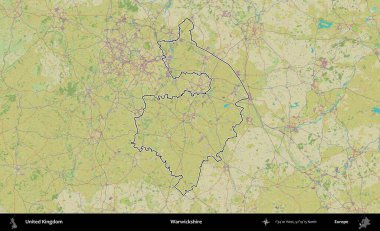Warwickshire 'da. Birleşik Krallık 'ın bir OpenStreetMap İnsani Biçim haritasında özetlenmiş idari alanı