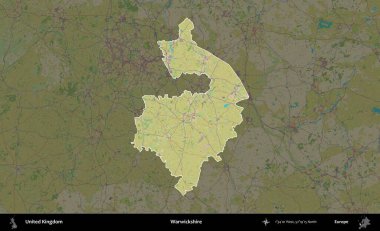 Warwickshire 'da. Birleşik Krallık 'ın idari alanı karanlık bir OpenStreetMap İnsani Haritası biçiminde vurgulanmış ve özetlenmiştir