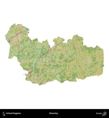 Waverley. Birleşik Krallık 'ın idari alanı bir OpenStreetMap İnsani Harita stili haritasında beyaza izole edildi
